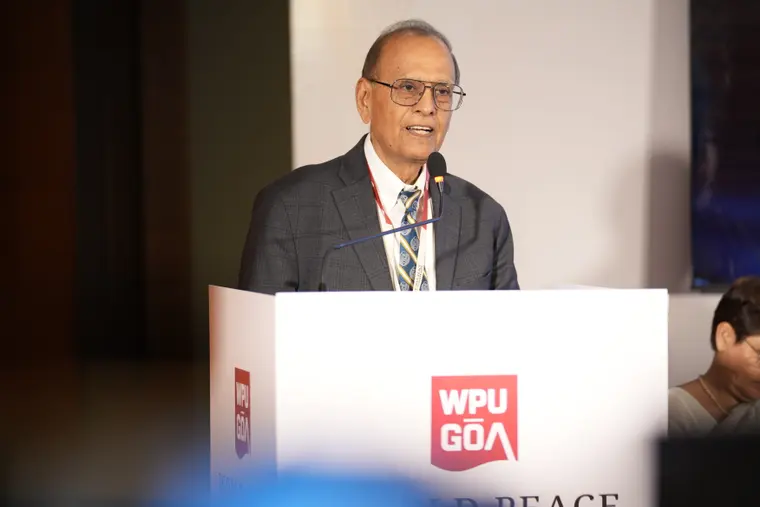 A dignitary speaks at the WPU GŌA Doctoral Programme launch in Panaji