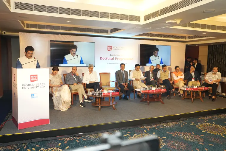 Mr. Sadanand Tanavade, Hon’ble Member of Rajya Sabha, addresses the WPU GŌA doctoral launch
