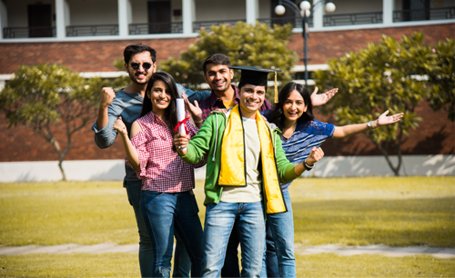 A group of students celebrating together on campus