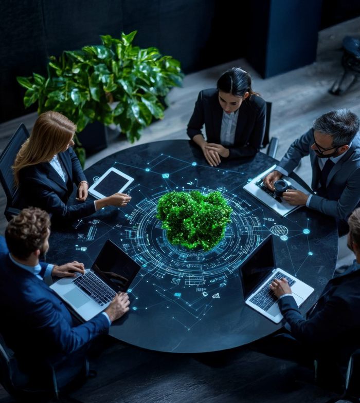 Leaders collaborating around a table with a glowing digital network and tree, representing governance innovation and sustainability