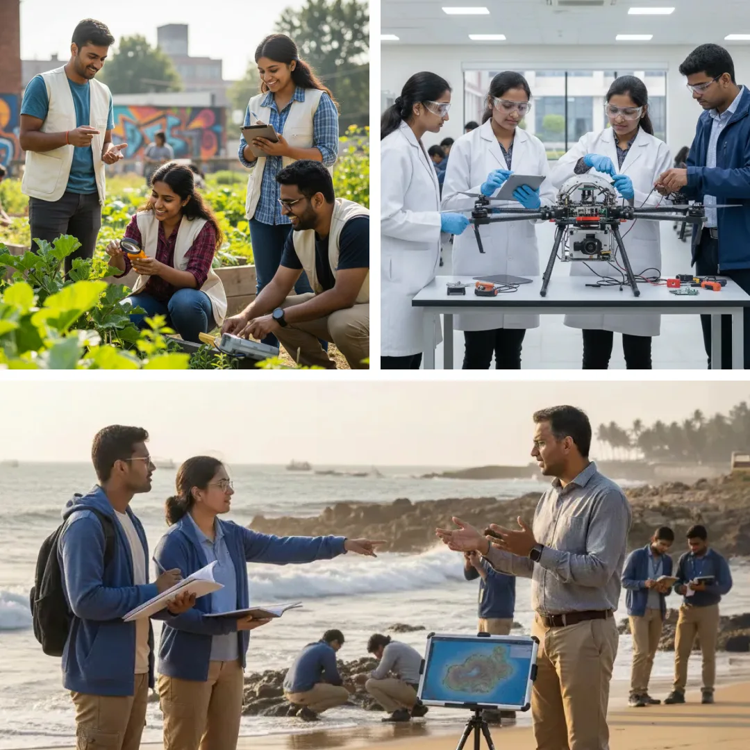 Pedagogy: Learning by Doing — students restoring farmlands, designing in a lab, and field study by the coast